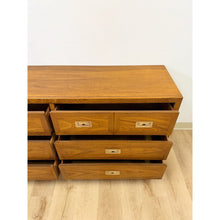 Load image into Gallery viewer, Vintage MCM Dixie Act 2 Campaign Style Dresser Brass Pulls Warm Wood Tone Lowboy
