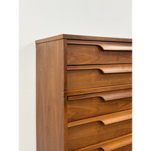 Load image into Gallery viewer, Vintage MCM Walnut Five Drawer Dresser Tallboy Sculpted Pulls, Dovetail Joinery
