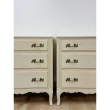 Load image into Gallery viewer, Vintage Pair of Chests French Provincial White 3 Drawer Cabriole Leg Nightstands
