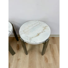 Load image into Gallery viewer, Vintage Round End Tables Beige Marble Top Gray Metal Base Pair Modern Accent
