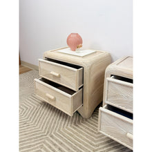 Load image into Gallery viewer, Pair of Vintage Pencil Reed Rattan Nightstand Coastal Hollywood Regency Tables
