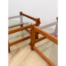 Load image into Gallery viewer, Pair of Vintage Teak Mortise and Tenon Side Tables, Glass Top and Base
