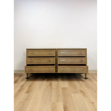 Load image into Gallery viewer, Vintage MCM Gray Washed Blonde Dresser Six Drawer With Metal Handles
