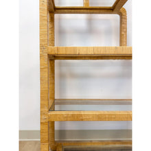 Load image into Gallery viewer, Coastal Etagere Rattan Wrapped Milo Baughman Style Five Tier Glass Shelf MCM
