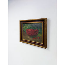 Load image into Gallery viewer, Antique Oil Painting Still Life Bowl of Cherries, Gold Frame Art, Green Accents
