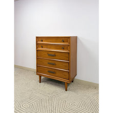 Load image into Gallery viewer, Heritage MCM Tallboy Dresser Brutalist Brass Pulls Vintage Mid-Century Modern
