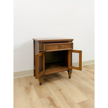 Load image into Gallery viewer, MCM Transitional Nightstand with Iron Grate Doors Single Drawer Vintage Ornate
