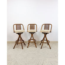 Load image into Gallery viewer, 3 Vintage Coastal Bamboo Barstools Dark Rattan w/ Beige Cushions and Caned Back
