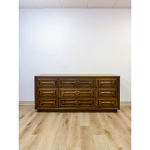 Load image into Gallery viewer, Vintage MCM Nine Drawer Dresser with Bowtie Inlay Retro Walnut Bedroom Storage
