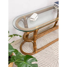 Load image into Gallery viewer, Vintage Coastal Curved Twisted Pencil Reed Console Table W/ Thick Glass Oval Top
