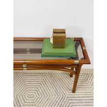 Load image into Gallery viewer, Dark Bentwood Brass Console Table Glass Top Vintage MCM Sofa Table
