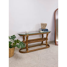 Load image into Gallery viewer, Vintage Coastal Curved Twisted Pencil Reed Console Table W/ Thick Glass Oval Top
