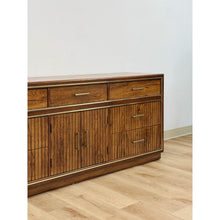 Load image into Gallery viewer, Vintage MCM Bassett Nine Drawer Fluted Dresser Brass Pulls and Trim Mid Century
