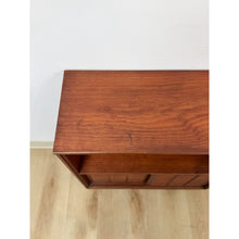Load image into Gallery viewer, Vintage Handmade MCM Style End Table, Red Stained Wood Sliding Doors, Book Case
