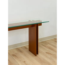 Load image into Gallery viewer, Vintage MCM Danish Teak Puzzle Console Table Glass Top Mid Century Entry Table
