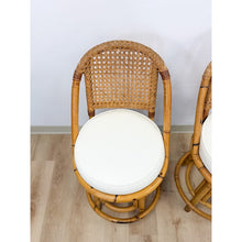 Load image into Gallery viewer, Vintage Coastal Hollywood Regency Caned Rattan Swivel Barstools Counter Height
