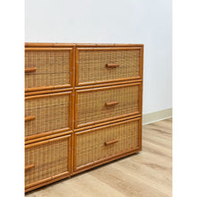 Load image into Gallery viewer, Vintage Coastal Bamboo Six Drawer Dresser Wicker Inlay Storage Regency Chest
