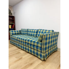 Load image into Gallery viewer, Vintage MCM Retro Plaid Sofa in Electric Blue and Green with Nailhead Trim
