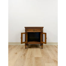 Load image into Gallery viewer, MCM Transitional Nightstand with Iron Grate Doors Single Drawer Vintage Ornate
