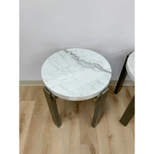 Load image into Gallery viewer, Vintage Round End Tables Beige Marble Top Gray Metal Base Pair Modern Accent
