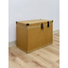 Load image into Gallery viewer, Vintage Blonde Woven Wicker Chest, Brass Clamp Hardware Storage, Coastal Trunk
