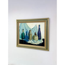 Load image into Gallery viewer, Vintage Original Oil Painting Still Life Bottles Jugs, Framed Art, Canvas, Blue

