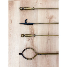 Load image into Gallery viewer, Vintage Brass Fireplace Tool Set 4 Piece Stand Broom Poker Tong Rustic Farmhouse
