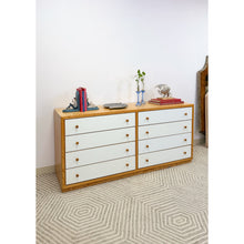 Load image into Gallery viewer, Dixie MCM 8-Drawer Natural Wood Dresser White Fronts Vintage 64" Wide
