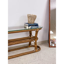Load image into Gallery viewer, Vintage Coastal Curved Twisted Pencil Reed Console Table W/ Thick Glass Oval Top
