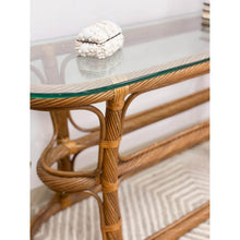 Load image into Gallery viewer, Vintage Coastal Curved Twisted Pencil Reed Console Table W/ Thick Glass Oval Top
