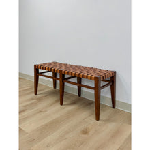 Load image into Gallery viewer, Vintage Bench Woven Leather Wood Two Seater Rustic MCM Entryway Accent Seat
