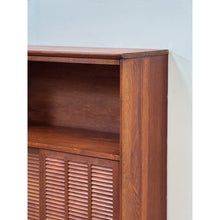 Load image into Gallery viewer, Vintage Handmade MCM Style End Table, Red Stained Wood Sliding Doors, Book Case
