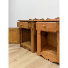 Load image into Gallery viewer, Pair of Rustic Pine Nightstands Drawer Arched Cabinet Door Scalloped European
