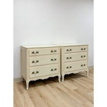Load image into Gallery viewer, Vintage Pair of Chests French Provincial White 3 Drawer Cabriole Leg Nightstands

