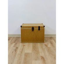 Load image into Gallery viewer, Vintage Blonde Woven Wicker Chest, Brass Clamp Hardware Storage, Coastal Trunk
