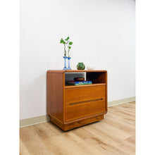 Load image into Gallery viewer, MCM Teak Rolling TV Stand Cart Two Drawers Danish Modern Vintage
