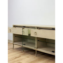 Load image into Gallery viewer, Modern American Drew Corsica Painted Gray Console Credenza Glass Doors Coastal
