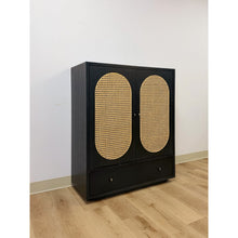 Load image into Gallery viewer, Bobby Berk Modern Black Tallboy Cabinet, Beige Oval Cane Inlay MCM Style

