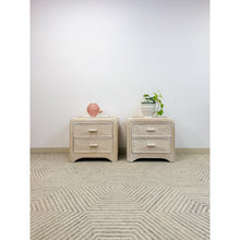 Load image into Gallery viewer, Pair of Vintage Pencil Reed Rattan Nightstand Coastal Hollywood Regency Tables
