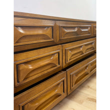 Load image into Gallery viewer, Vintage MCM Nine Drawer Dresser with Bowtie Inlay Retro Walnut Bedroom Storage
