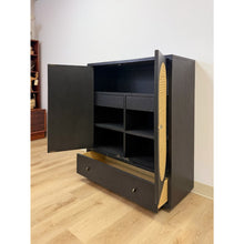 Load image into Gallery viewer, Bobby Berk Modern Black Tallboy Cabinet, Beige Oval Cane Inlay MCM Style
