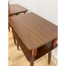 Load image into Gallery viewer, Vintage End Tables MCM Atomic Two-Tier Wood Laminate Pair Retro Accent
