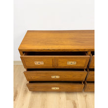 Load image into Gallery viewer, Vintage MCM Dixie Act 2 Campaign Style Dresser Brass Pulls Warm Wood Tone Lowboy
