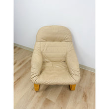 Load image into Gallery viewer, Danish Made Tan Leather Cantilever Armchair Vintage MCM Natural Wood Accent
