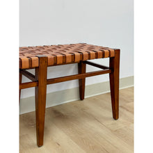 Load image into Gallery viewer, Vintage Bench Woven Leather Wood Two Seater Rustic MCM Entryway Accent Seat
