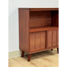 Load image into Gallery viewer, Vintage Handmade MCM Style End Table, Red Stained Wood Sliding Doors, Book Case
