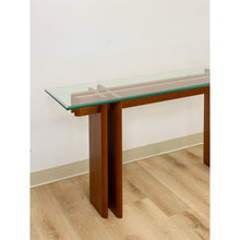 Load image into Gallery viewer, Vintage MCM Danish Teak Puzzle Console Table Glass Top Mid Century Entry Table
