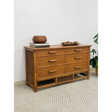 Load image into Gallery viewer, Vintage Petite Rattan 6-Drawer Dresser with Lattice Sides Coastal Boho MCM
