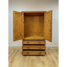 Load image into Gallery viewer, Vintage Armoire Knotty Pine Mexican Iron Hardware Coat Rack Three Drawer
