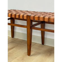 Load image into Gallery viewer, Vintage Bench Woven Leather Wood Two Seater Rustic MCM Entryway Accent Seat

